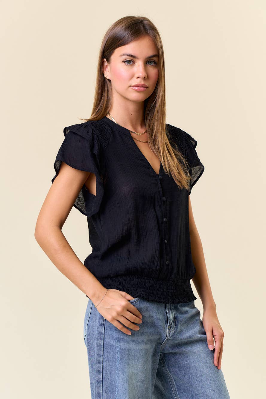 SMOCKED SHOULDER RUFFLE TOP