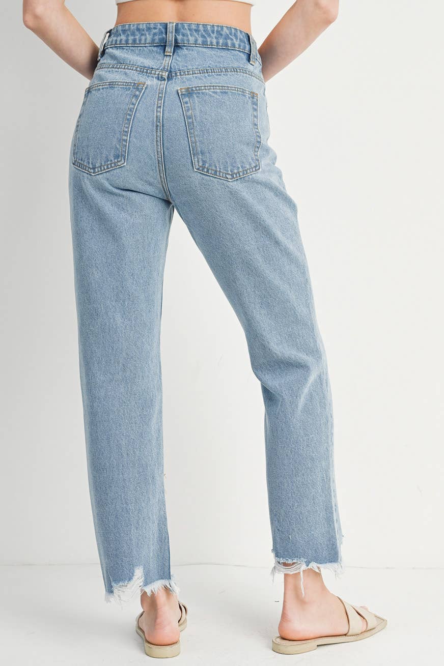 HIGH RISE STRAIGHT LEG DISTRESSED RAW HEM JEANS