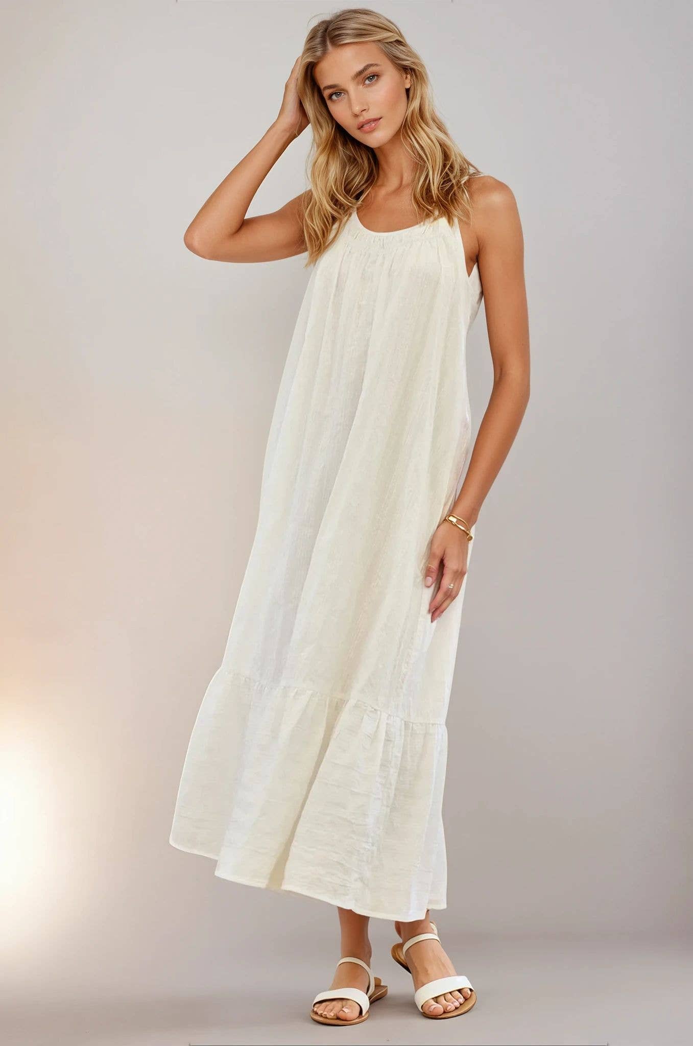 Midi Length Cotton Jaquard Stripe Cami Dress