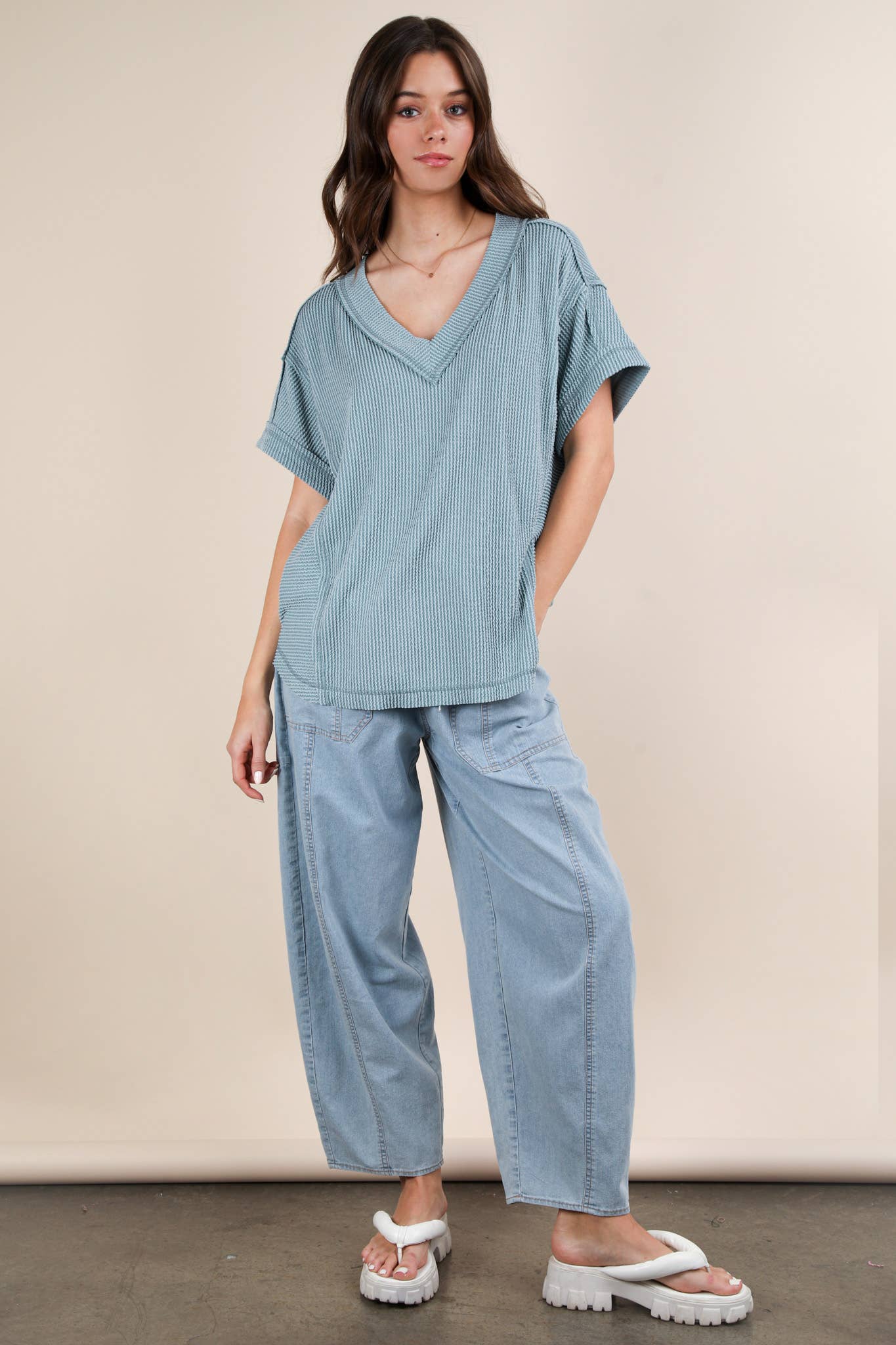 Soft Two Tone Casual Comfy Ribbed Knit Top