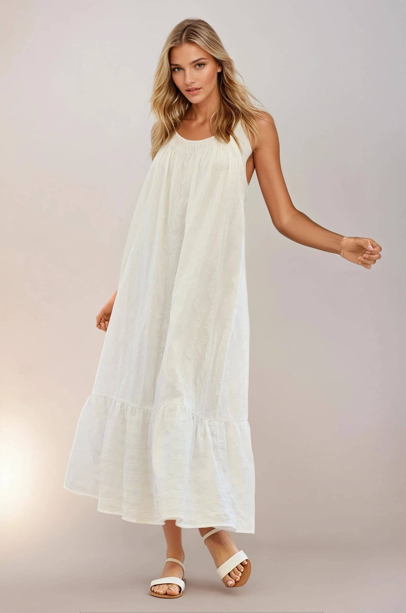 Midi Length Cotton Jaquard Stripe Cami Dress