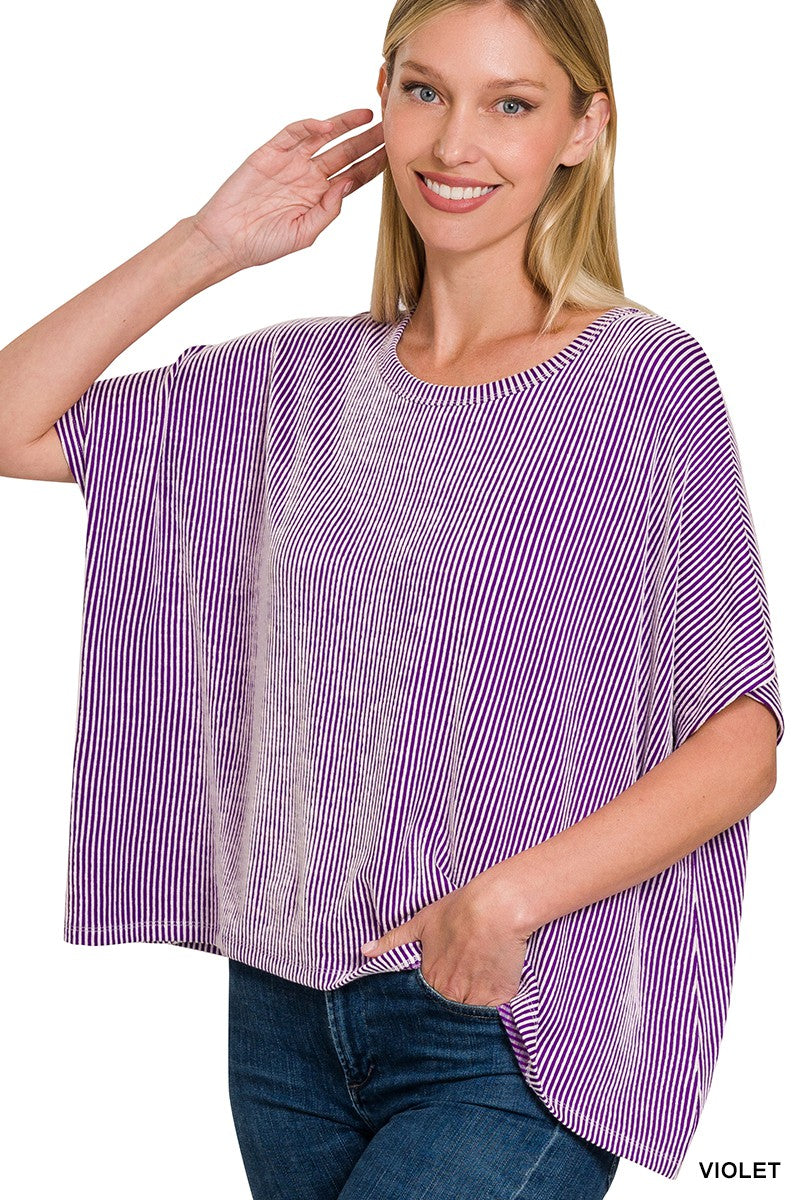 Ribbed Striped Oversized Short Sleeve Top