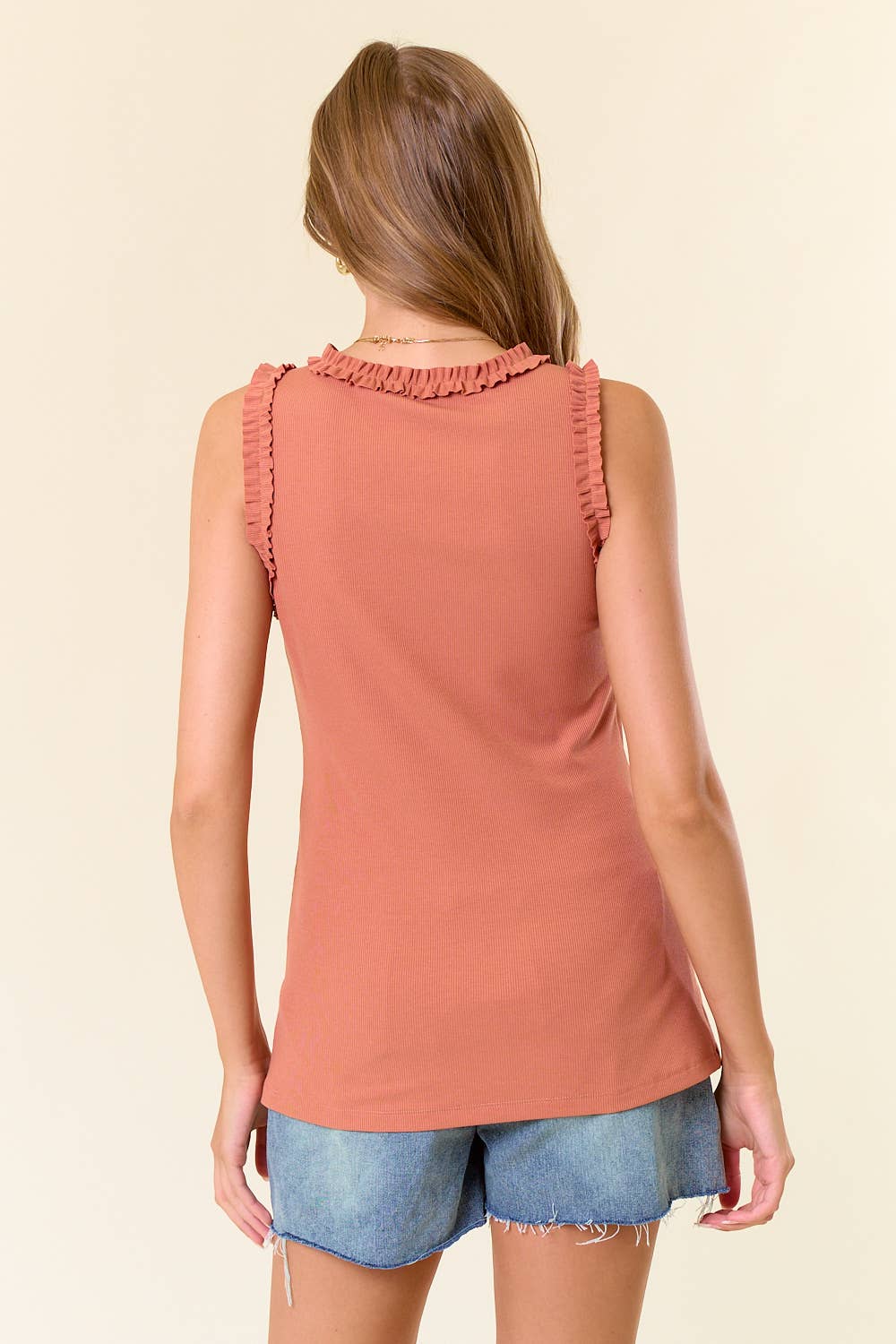 SOLID KNIT TANK WITH RUFFLE TRIM