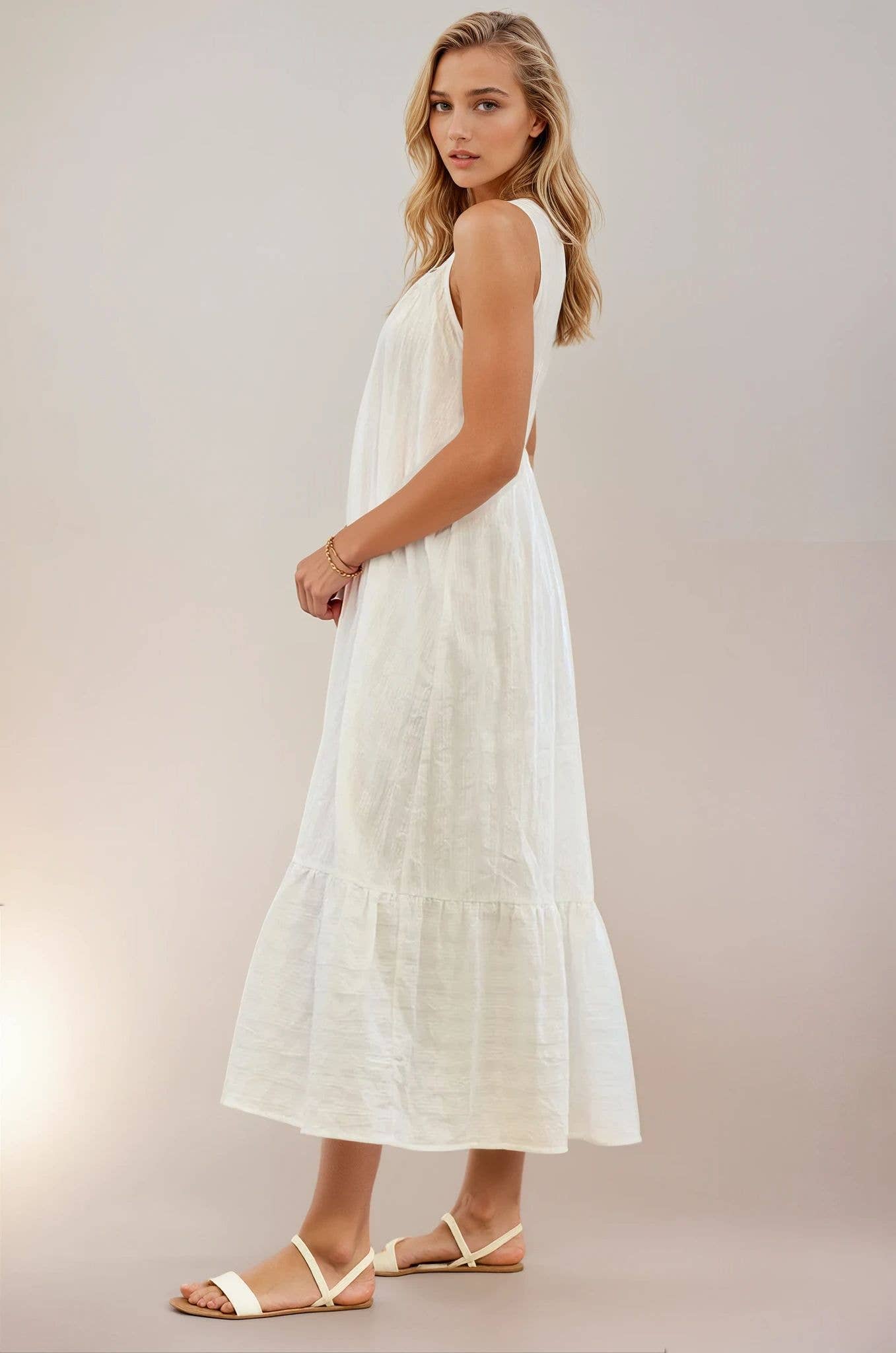 Midi Length Cotton Jaquard Stripe Cami Dress