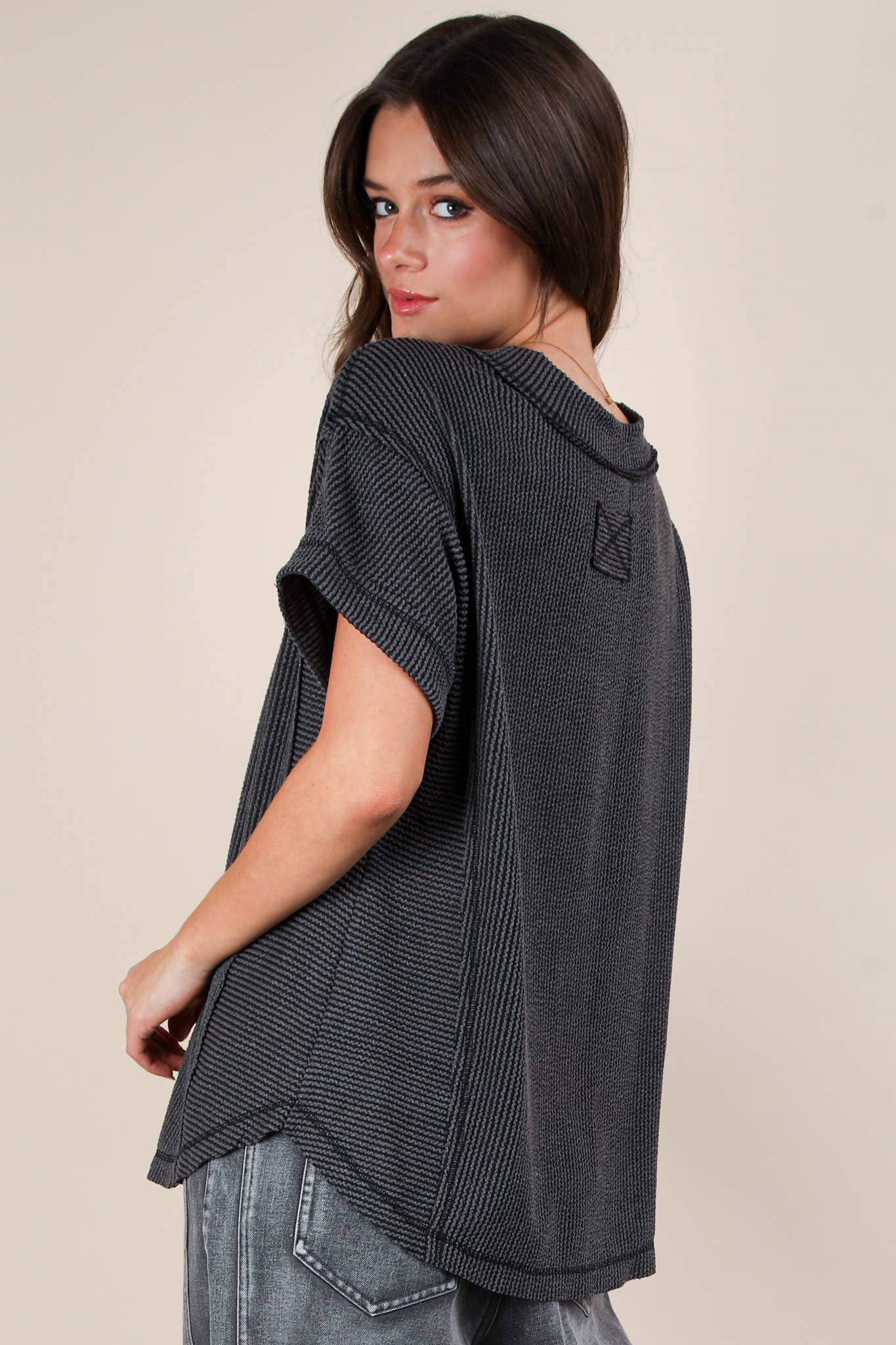 Soft Two Tone Casual Comfy Ribbed Knit Top