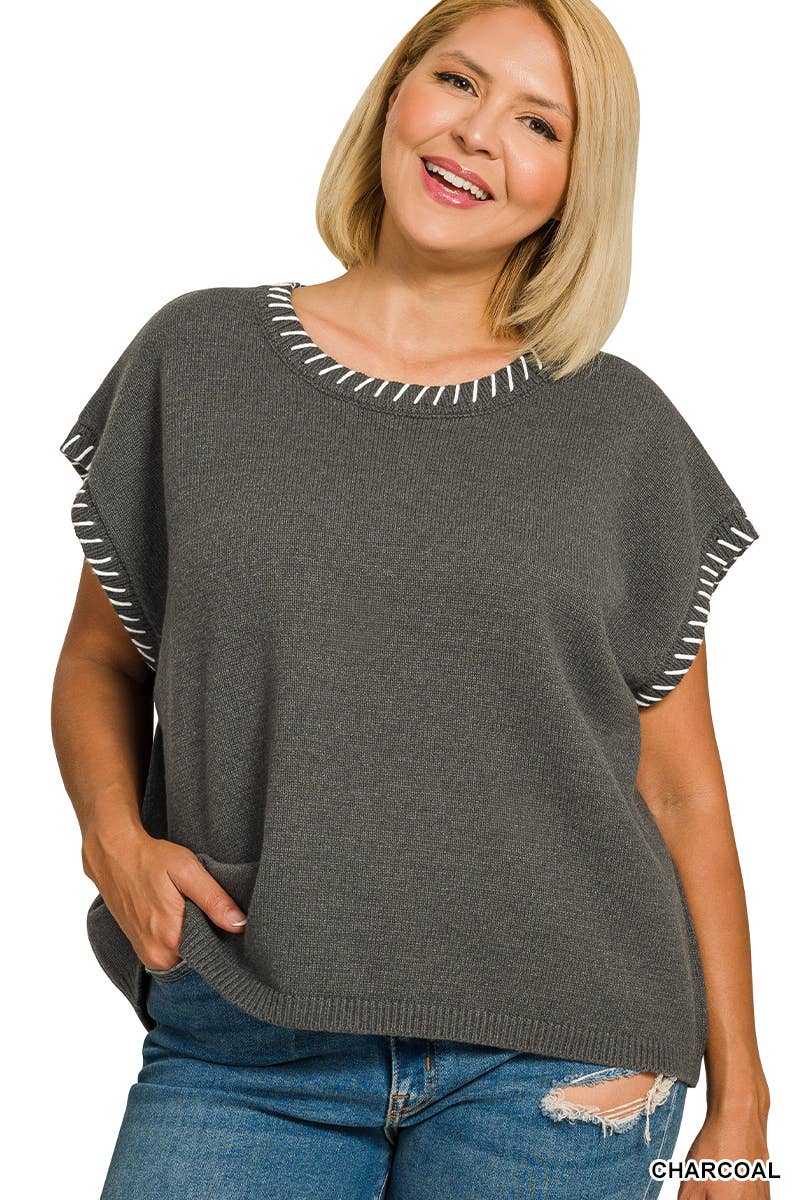 Plus Stitch Detailed Oversize Sweater Vest Zenana