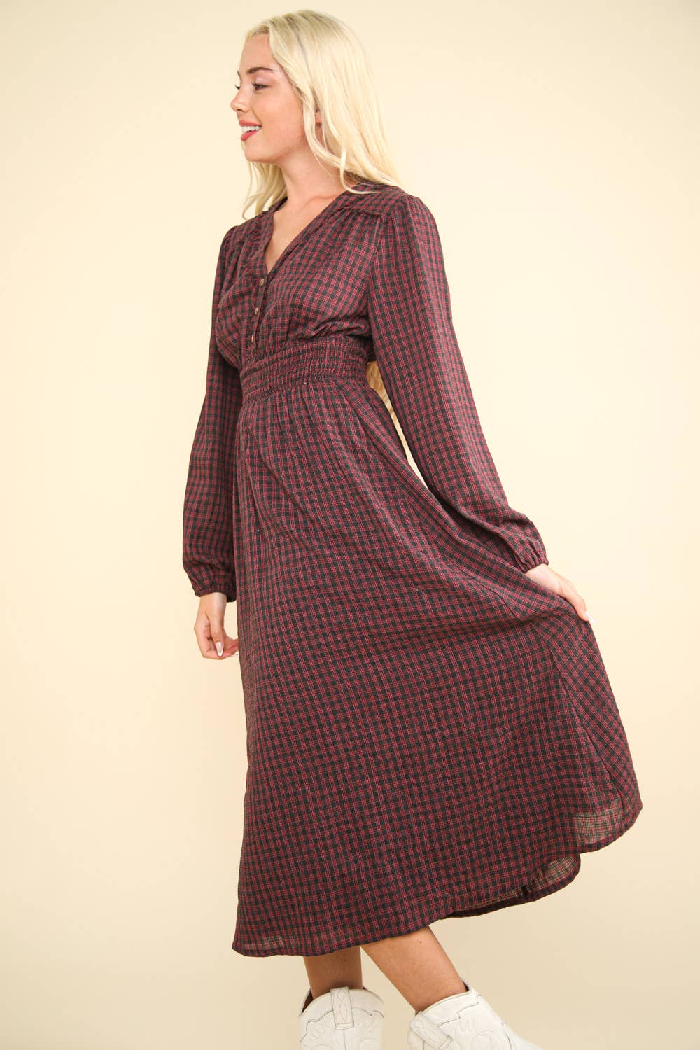 V-Neck Smocking Long Sleeve Plaid Midi Dress