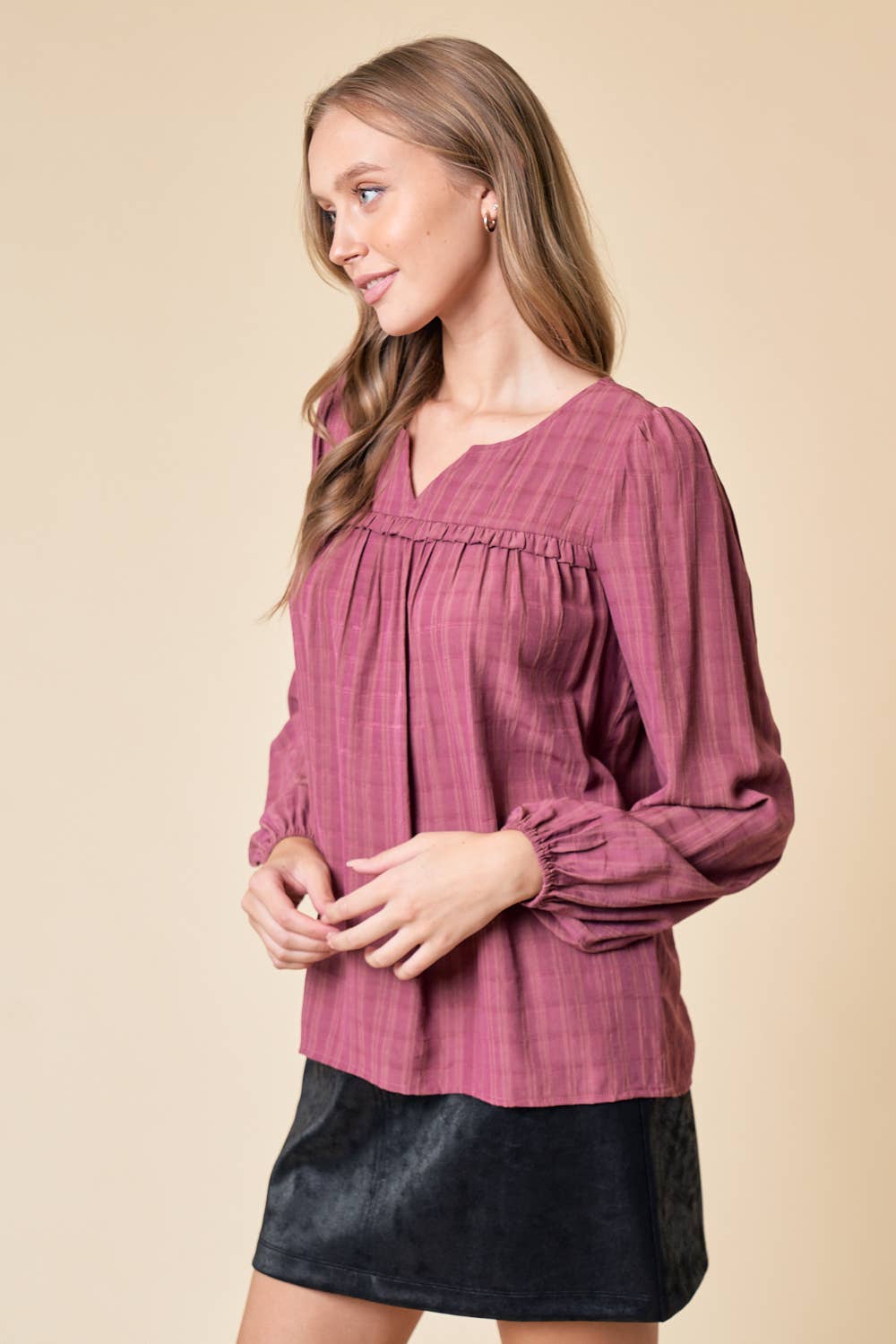 LONG SLEEVE PLAID TEXTURED BLOUSE