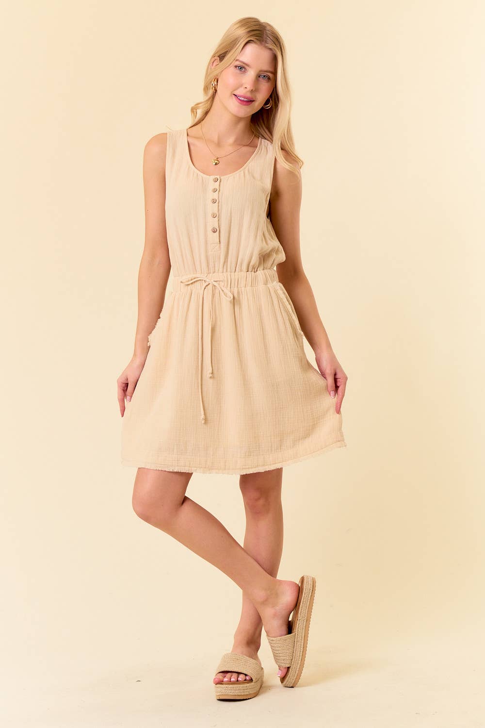 Scoop Neck Drawstring Waist Frayed Hem Mini Dress