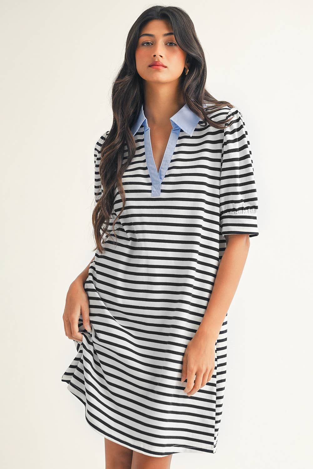 Stripe Contrast V Neck Collared T Shirt Mini Dress