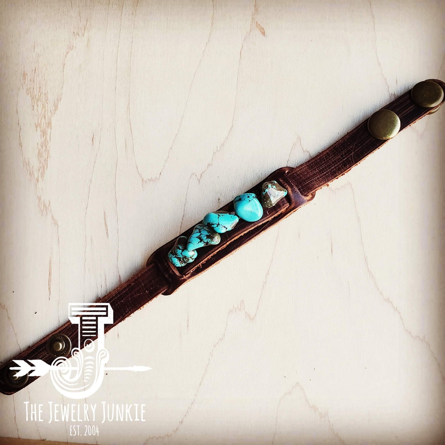 Genuine Leather Narrow Cuff with Blue Turquoise Chunks