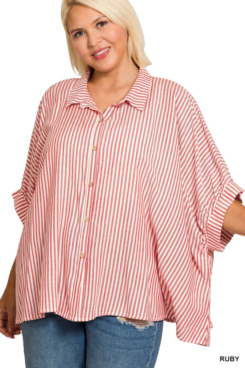 Plus Rayon Striped Short Sleeve Button Up Shirt
