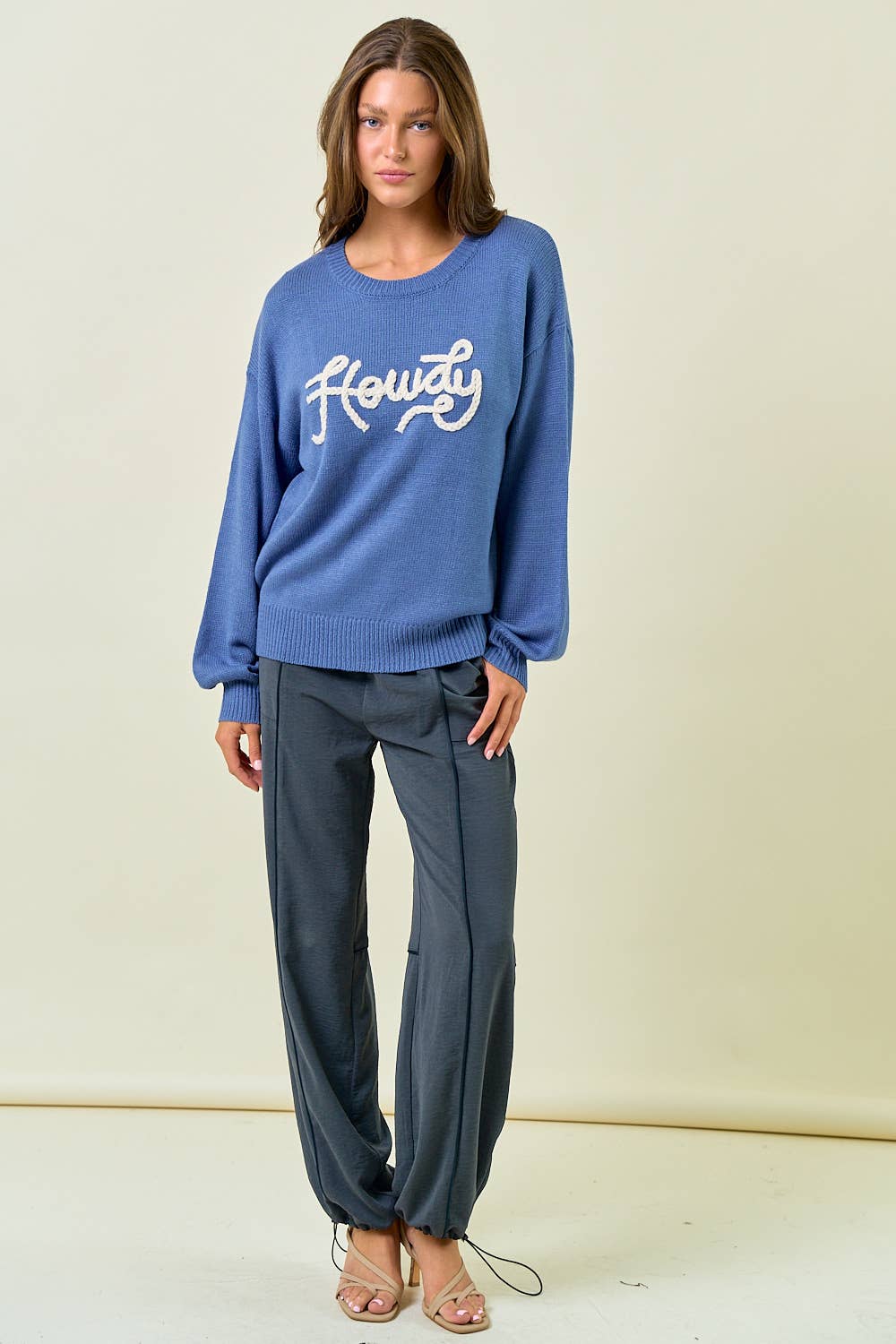 HOWDY' EMBROIDERED ROUND NECK OVERSIZED SWEATER -43995T-4