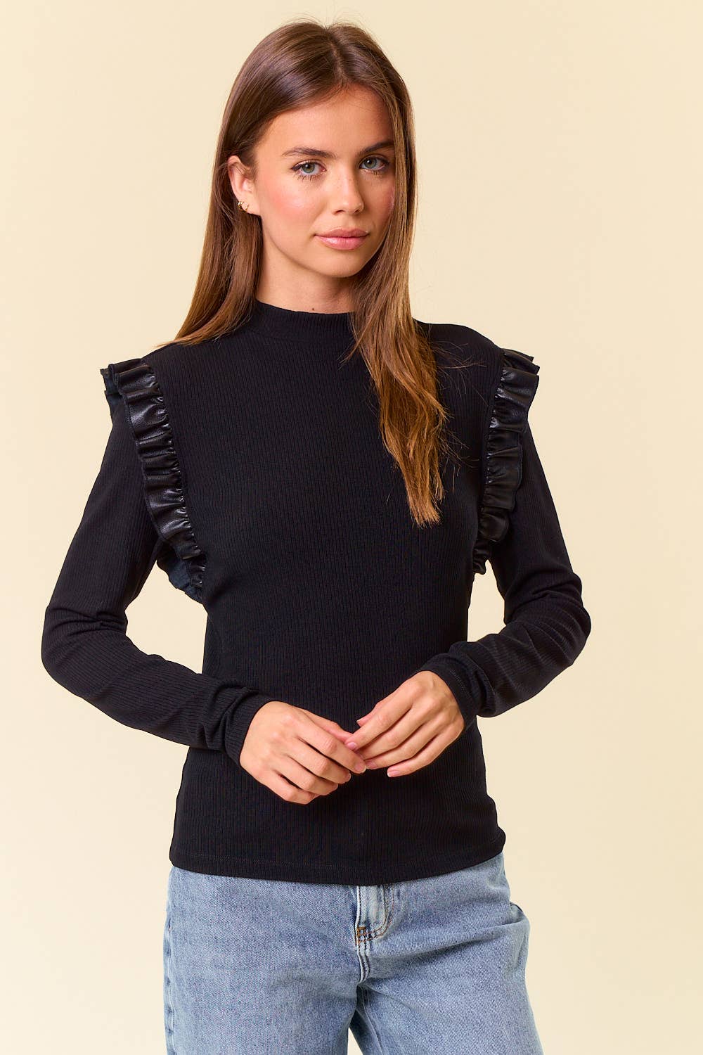 Mock Neck PU Ruffled Long Sleeve Top