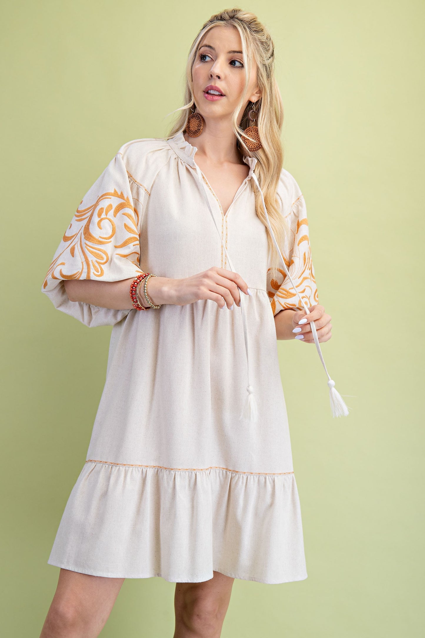 Embroidered Puff Sleeve Linen Dress