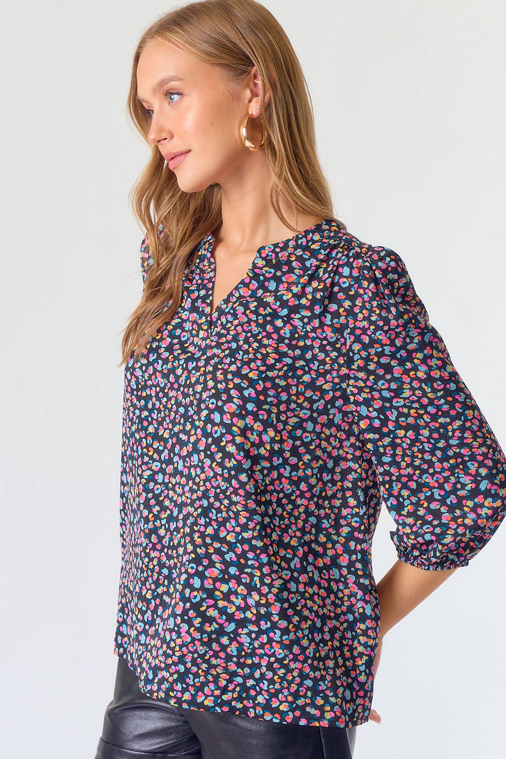 Split V-Neck Line Sleeve Abstract Printed Blouse