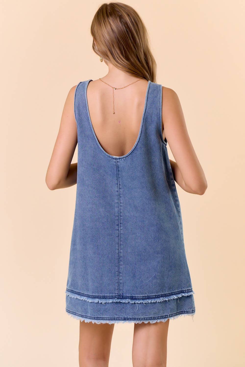 DENIM LOW SCOOP BACK SLEEVELESS MINI DRESS