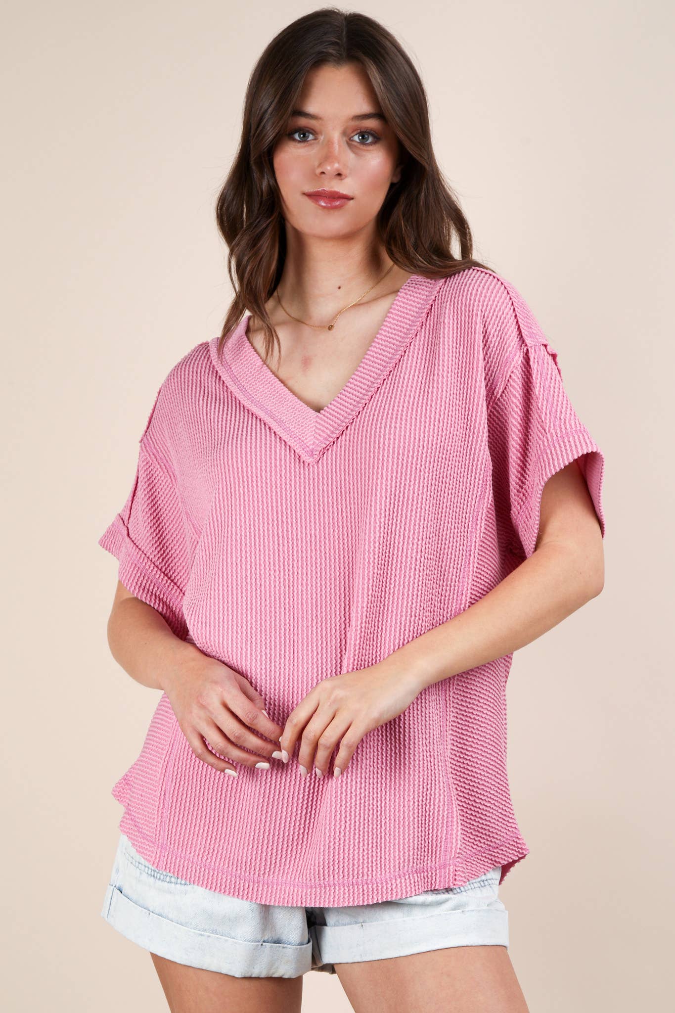 Soft Two Tone Casual Comfy Ribbed Knit Top