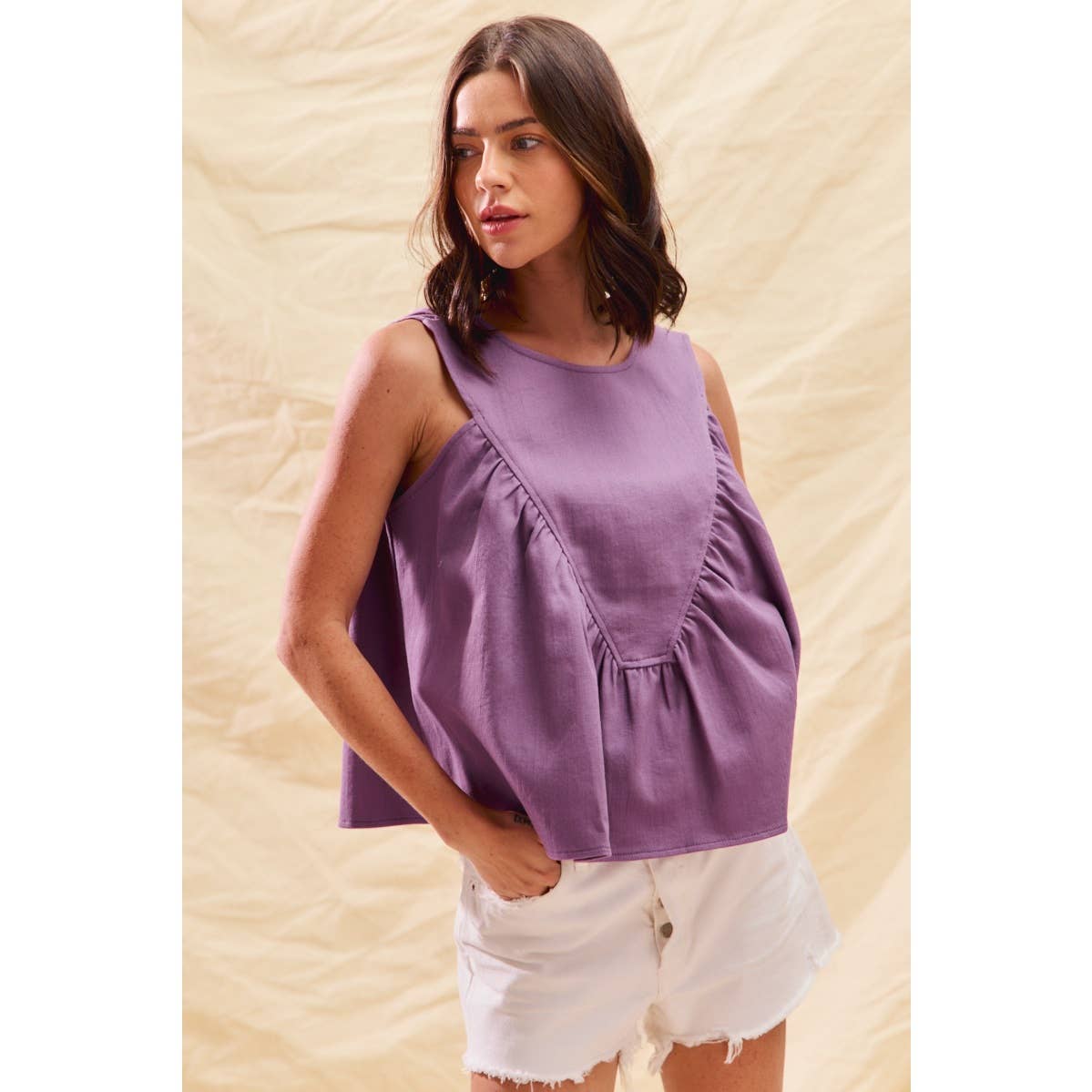 GAME DAY COLOR DENIM RUCHED SLEEVELESS TOP