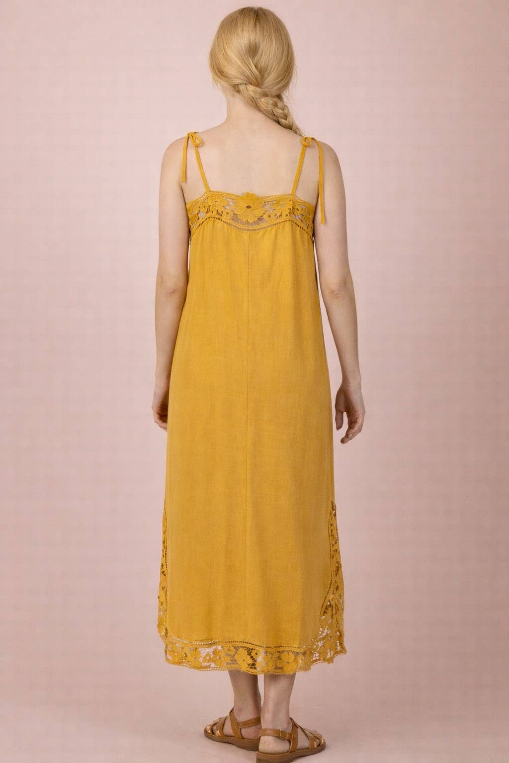 Lace Trim Solid Linen Midi Dress
