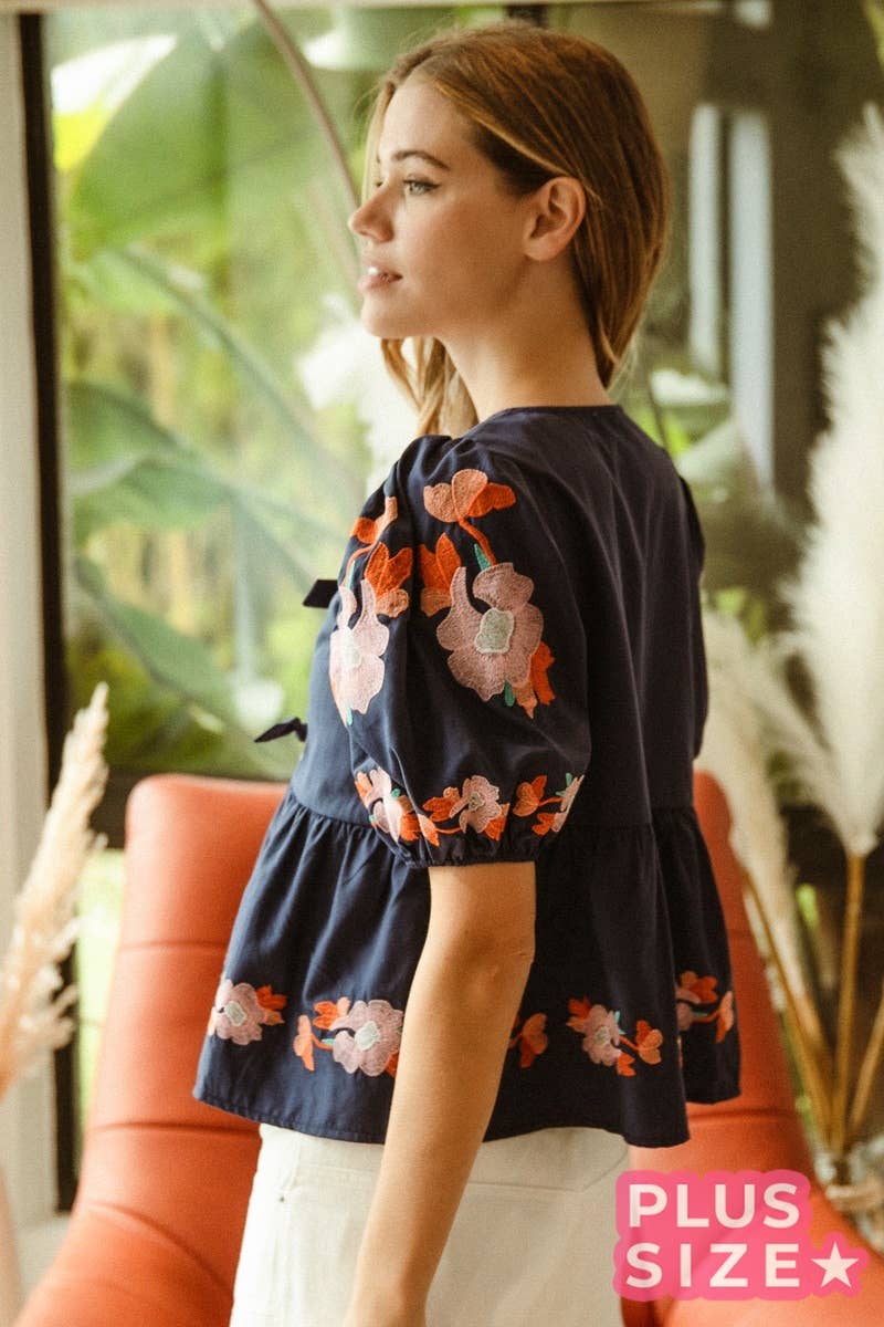 Plus Size BOW RIBBON PUFF SLEEVE TOP WITH EMBROIDERY