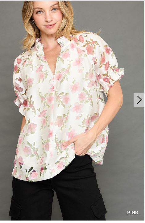 Floral Jacquard Ruffle Neck Top