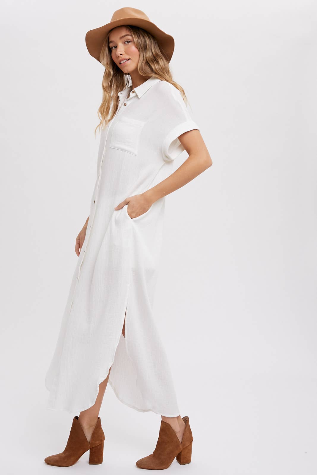 BUTTON UP MAXI SHIRT DRESS WITH POCKET