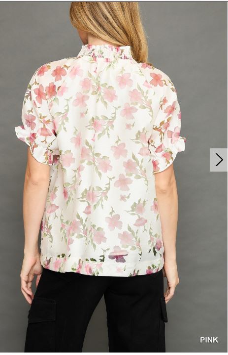 Floral Jacquard Ruffle Neck Top