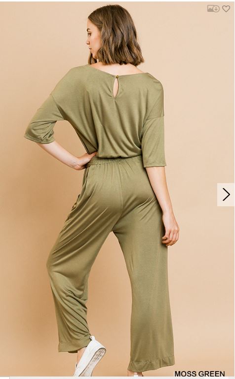 Short Sleeve V-Neck Jumpsuit with Elastic Waist