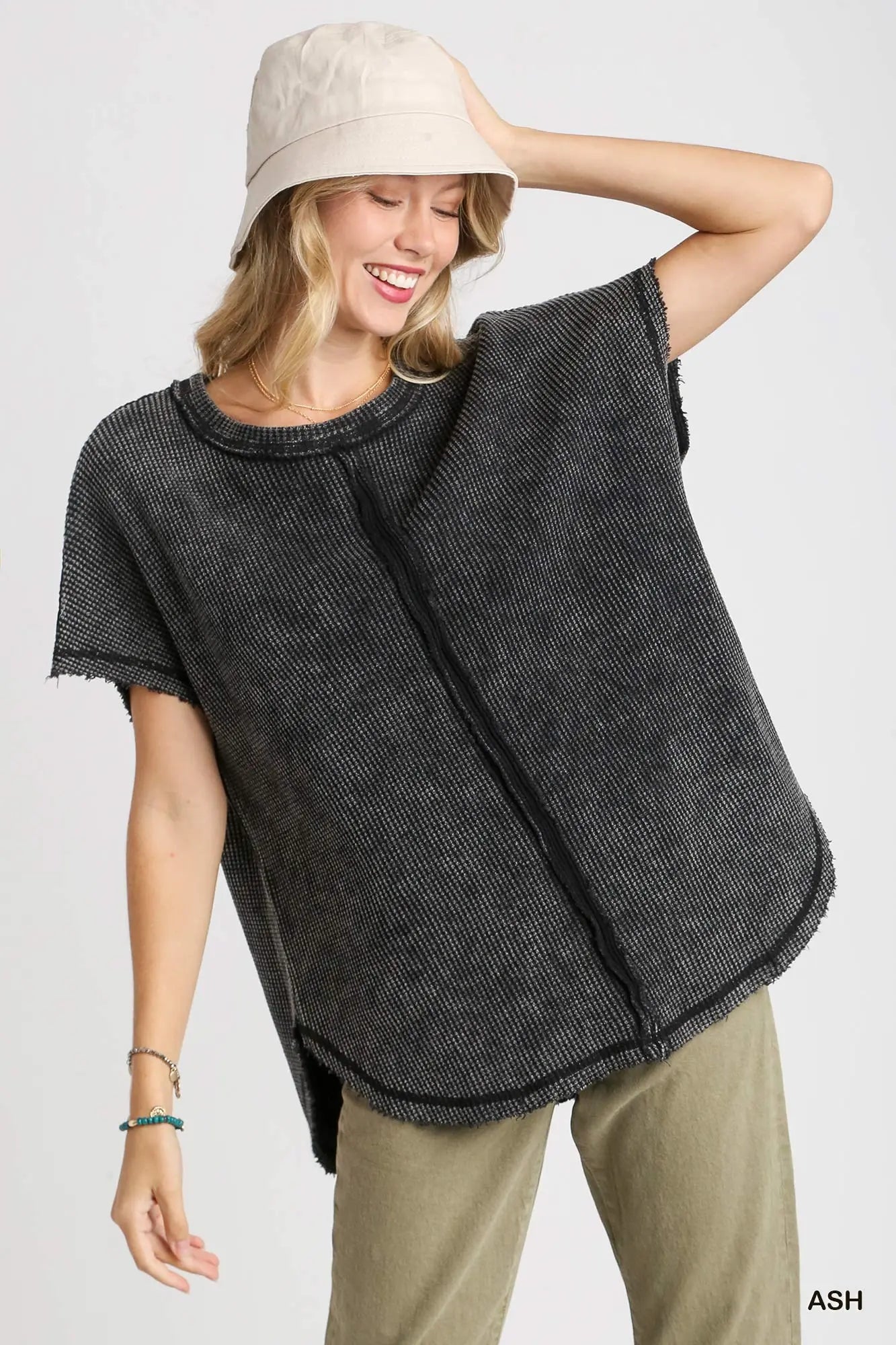 Round Neck High Low Hem Washed Waffle Top