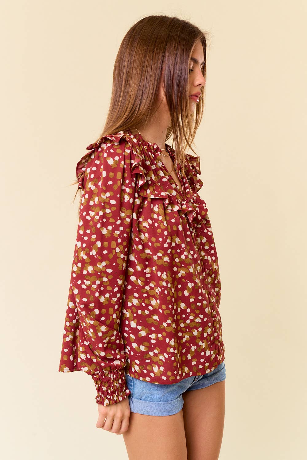 Abstract V-Neck Smocked Cuff Long Sleeve Blouse