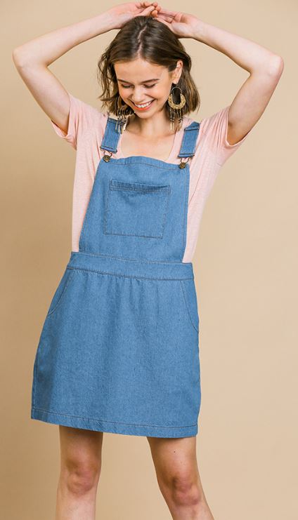 juniors denim overall dress Complete Crush Medium Wash Denim Mini Overall Dress