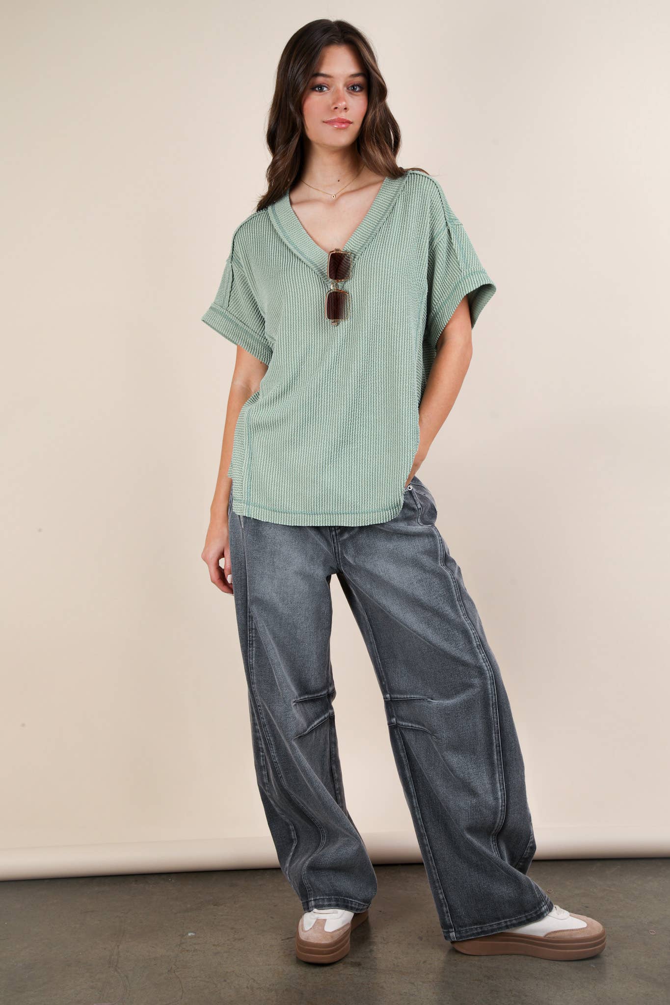 Soft Two Tone Casual Comfy Ribbed Knit Top