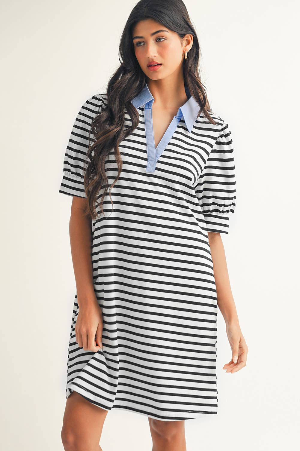 Stripe Contrast V Neck Collared T Shirt Mini Dress