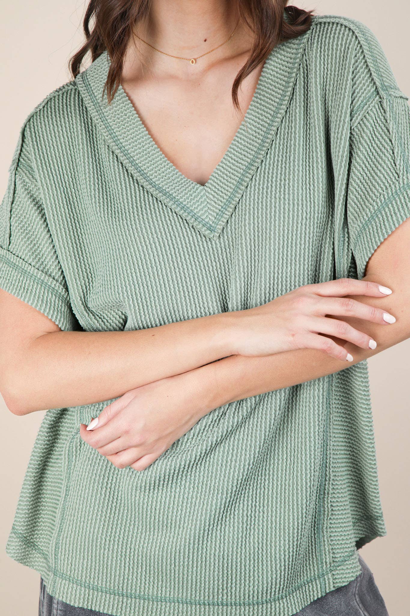 Soft Two Tone Casual Comfy Ribbed Knit Top