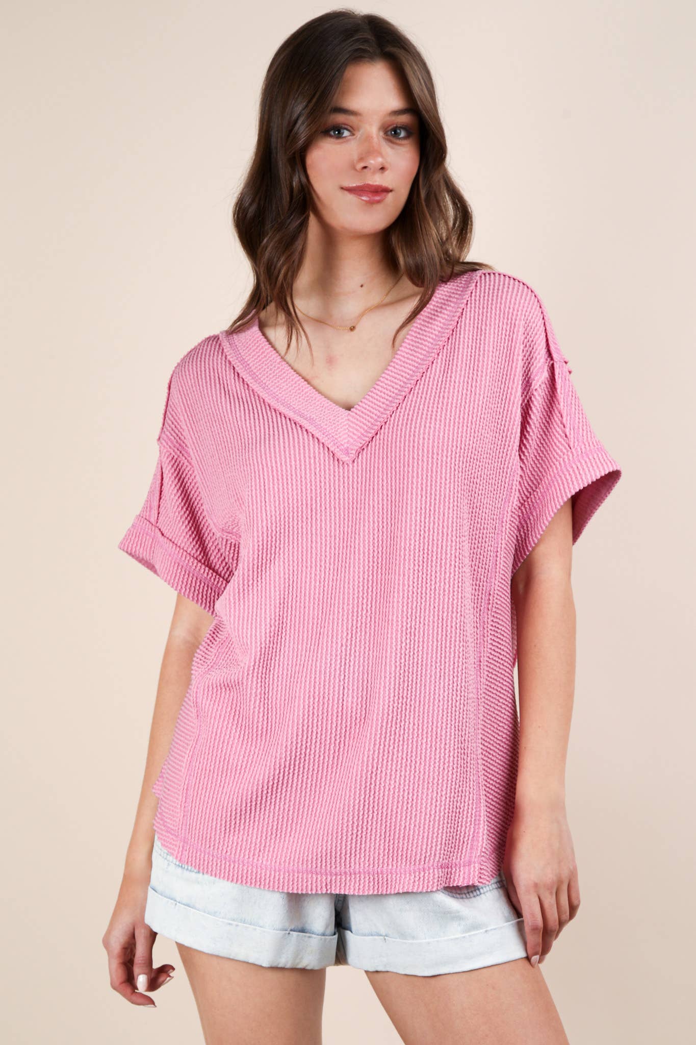 Soft Two Tone Casual Comfy Ribbed Knit Top