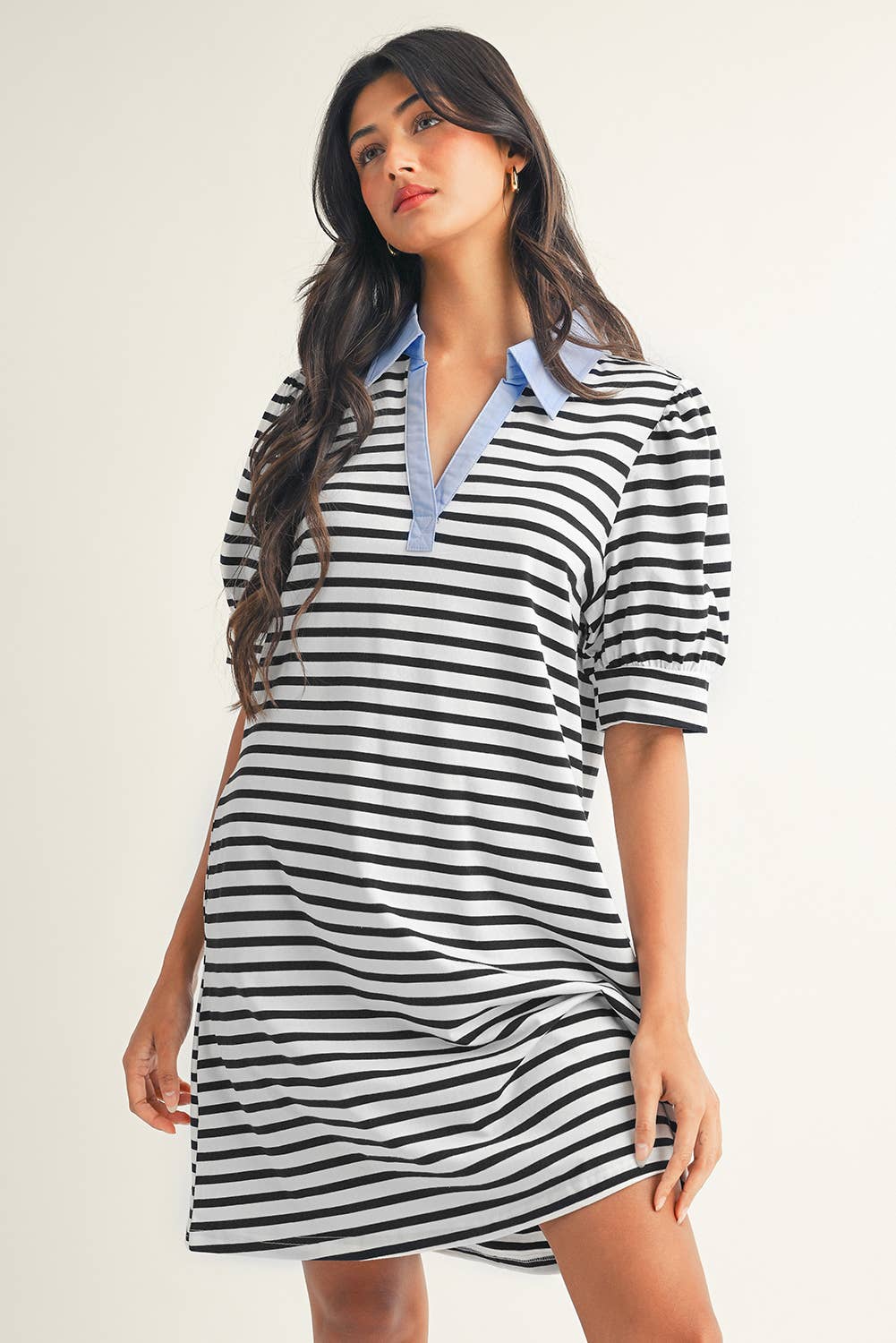 Stripe Contrast V Neck Collared T Shirt Mini Dress