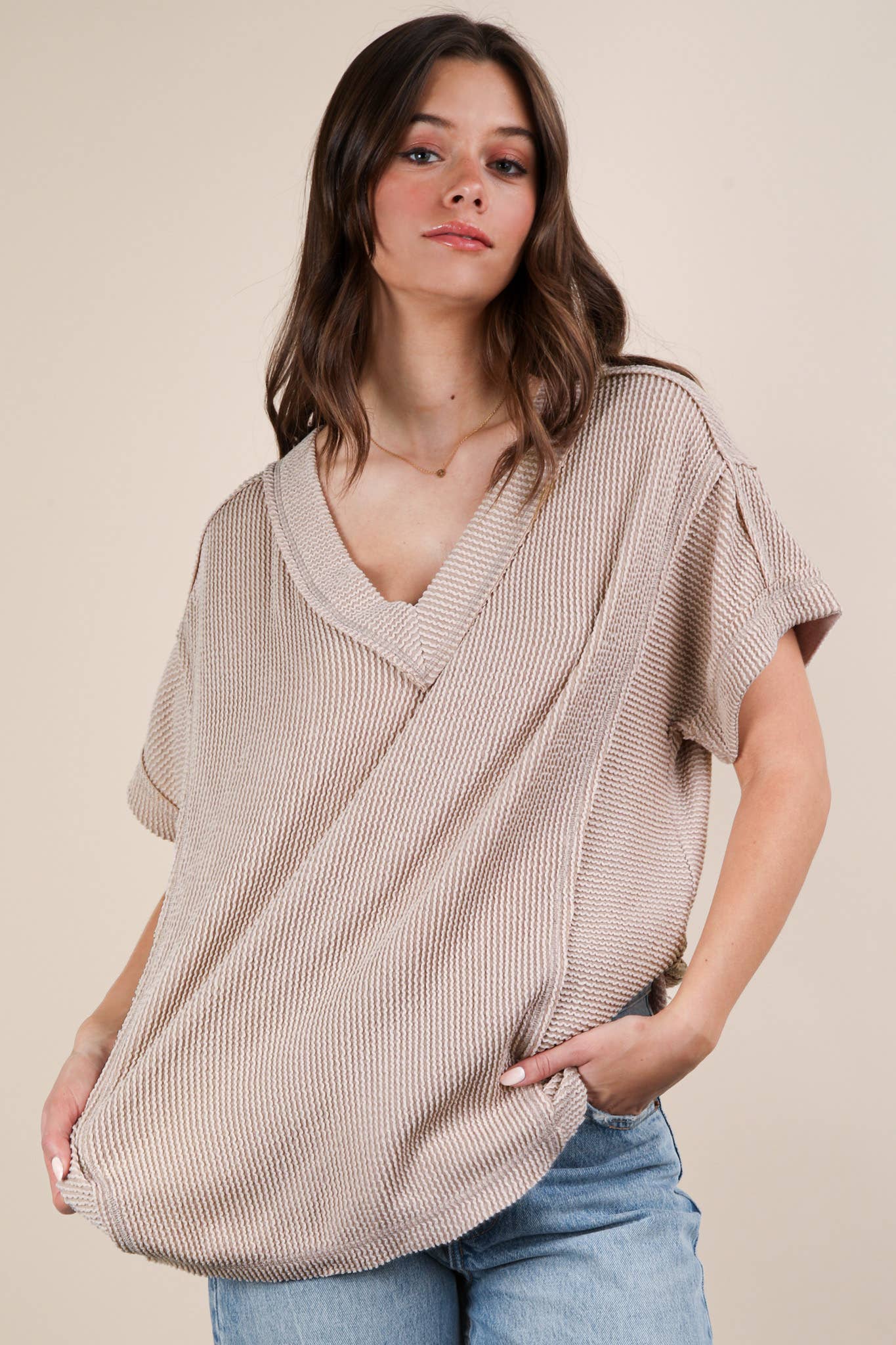 Soft Two Tone Casual Comfy Ribbed Knit Top