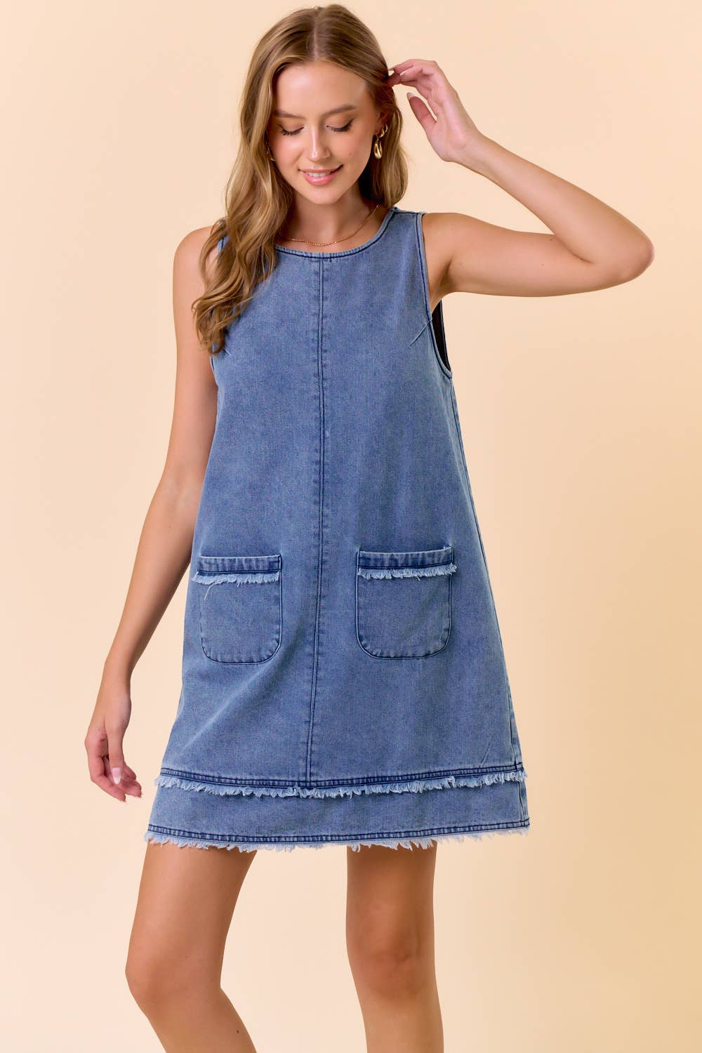DENIM LOW SCOOP BACK SLEEVELESS MINI DRESS
