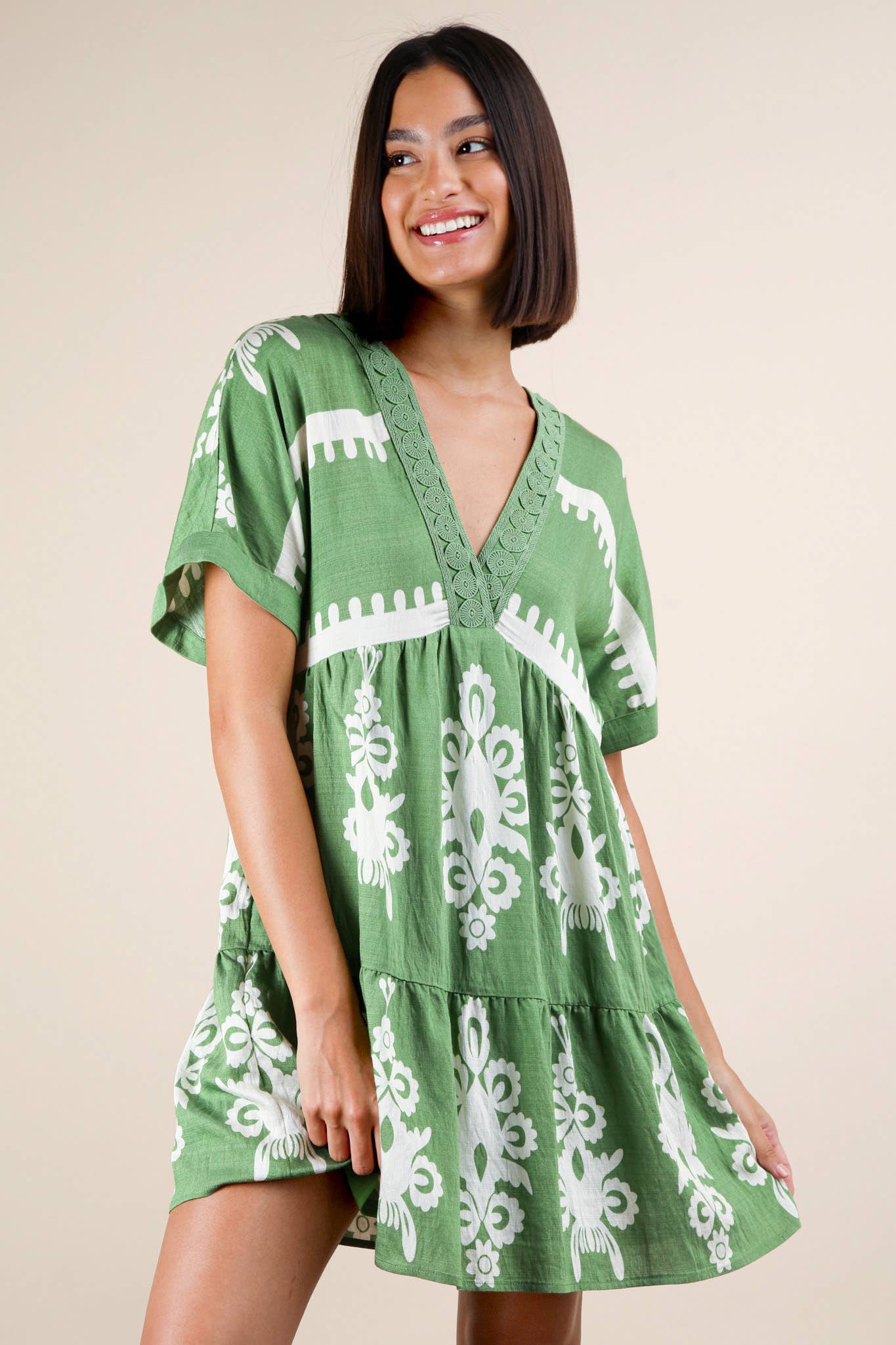 PLUS SIZE Printed V-Neck Woven Mini Dress