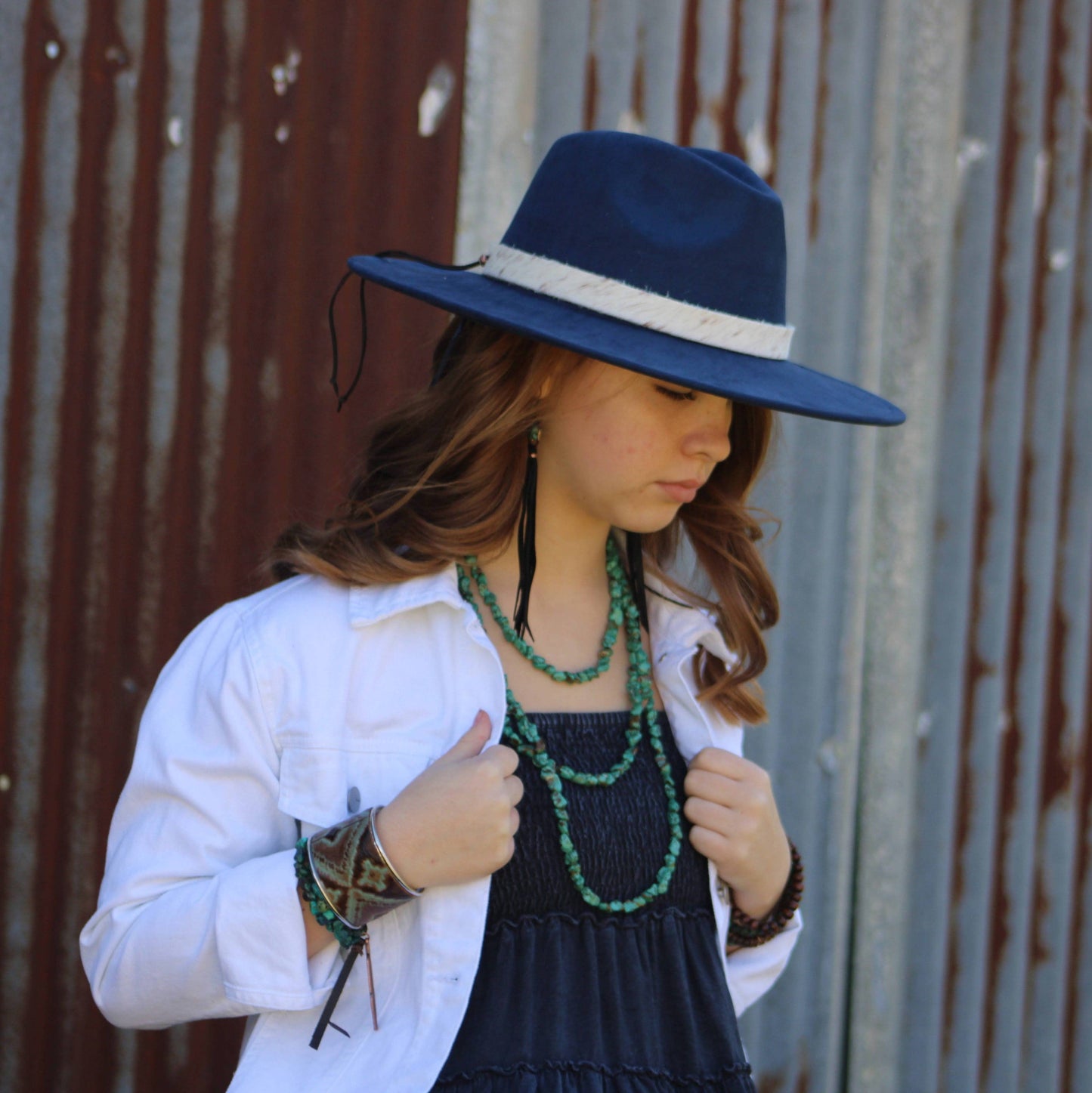 Turquoise Drop Earrings with Leather Tassel-Black