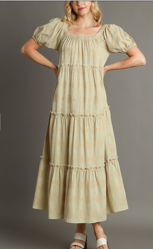 Swiss Dot Jacquard Ruffle Trim Maxi Dress with Puff Sleeves