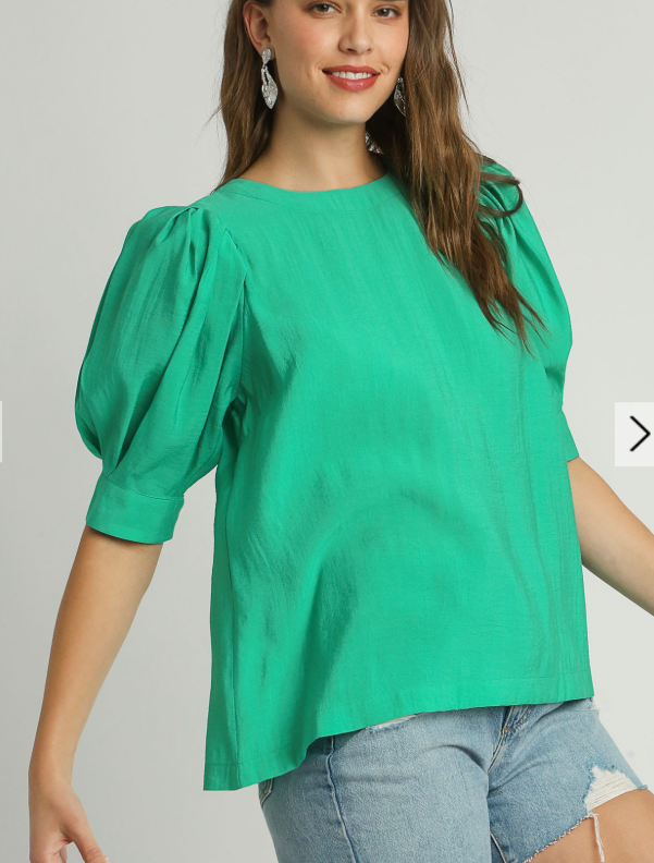 Round Neck Pleated Boxy Cut Top with Bubble Short Sleeves