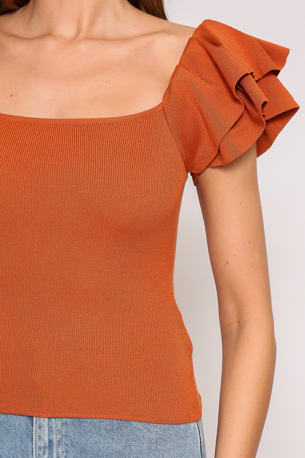 Ruffled Tiered Cap Sleeve Ribbed Knit Sweater Top