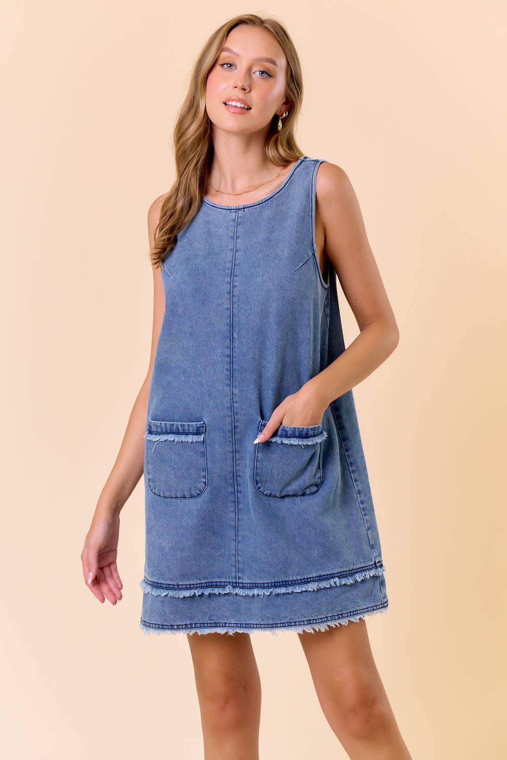 DENIM LOW SCOOP BACK SLEEVELESS MINI DRESS