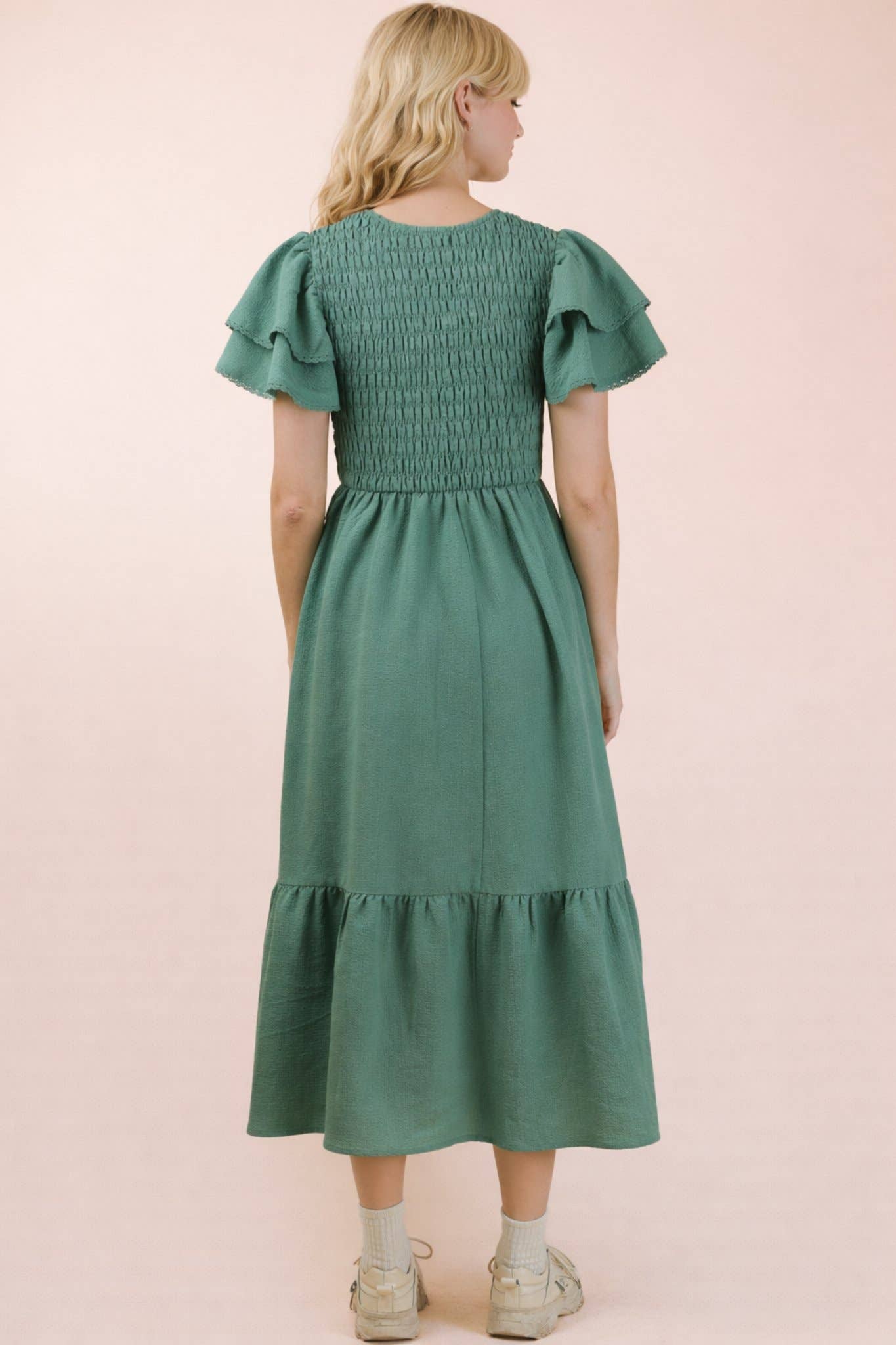 Smocking Torso Ruffle Sleeve Midi Dress