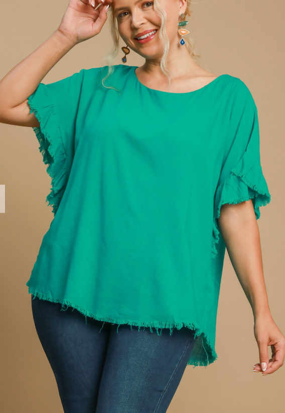 Linen Blend Short Ruffle Sleeve Round Neck Top with Frayed Scoop Hem