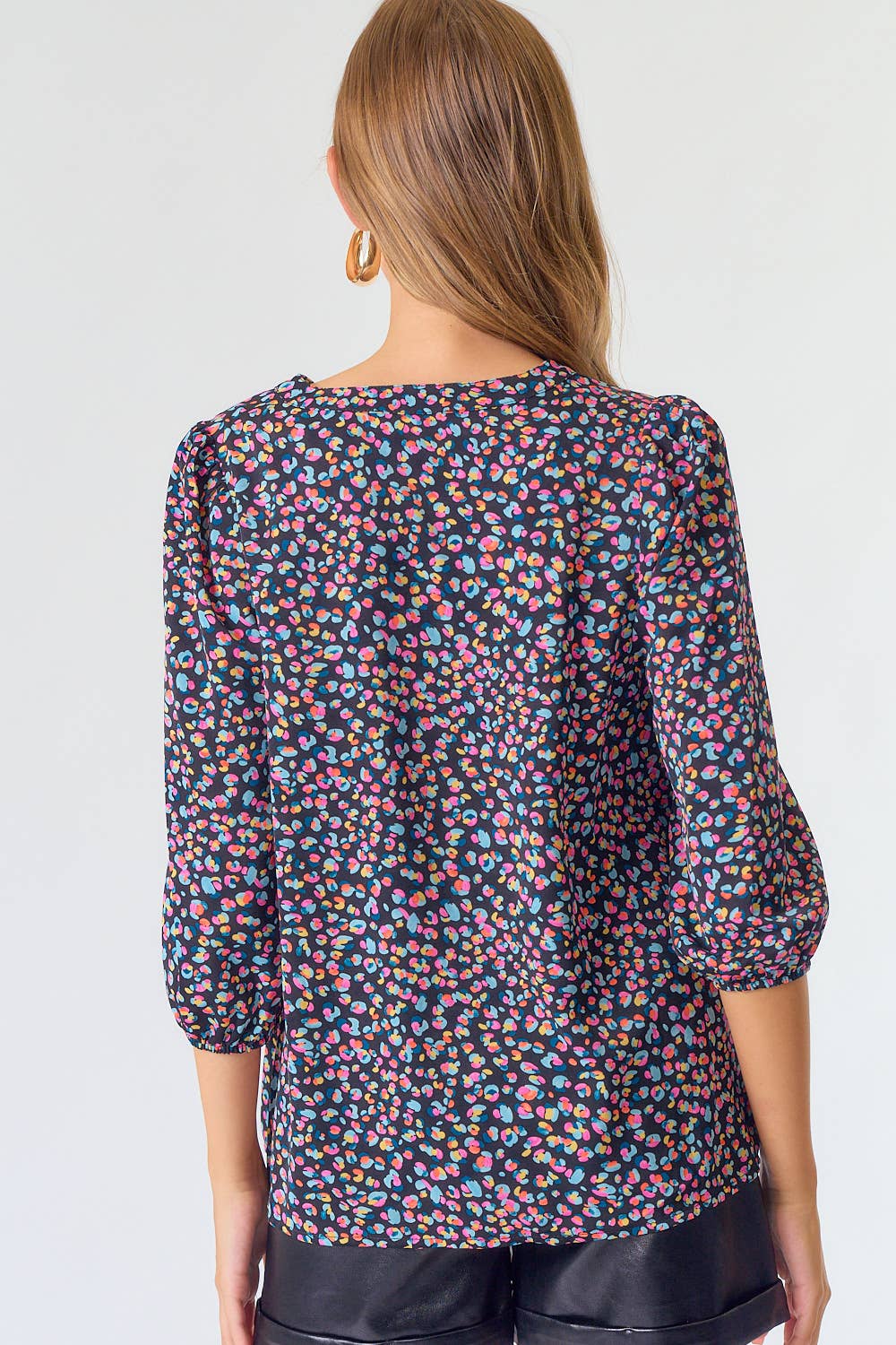 Split V-Neck Line Sleeve Abstract Printed Blouse