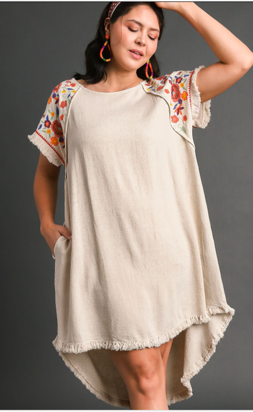Linen Embroidery Dress with Unfinished Fringe