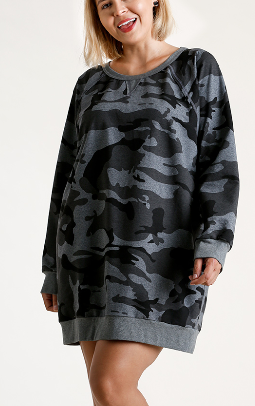 French Terry Camo Print Raw Edged Dress with Ribbed Hem and Back Panel